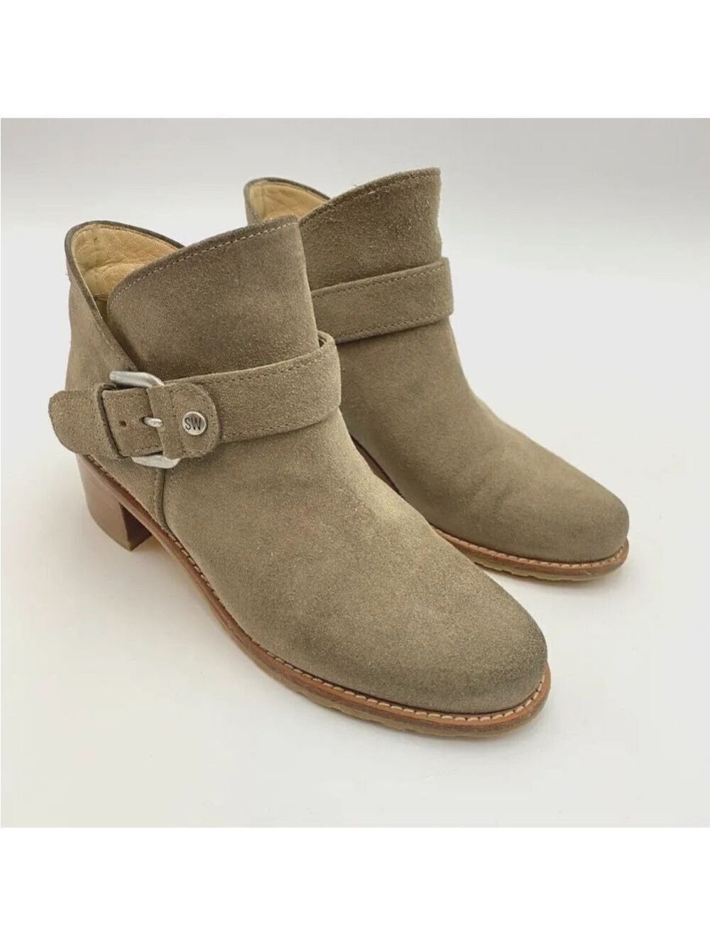 STUART Weitzman Dude Suede Bootie Boots in Neutral Size 4.5M Block Heels